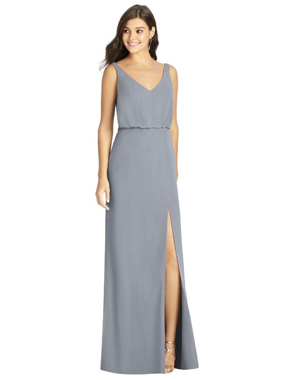 Dessy Group TH006..Blouson bodice mermaid dress with front slit..Platinum...Sz 2
